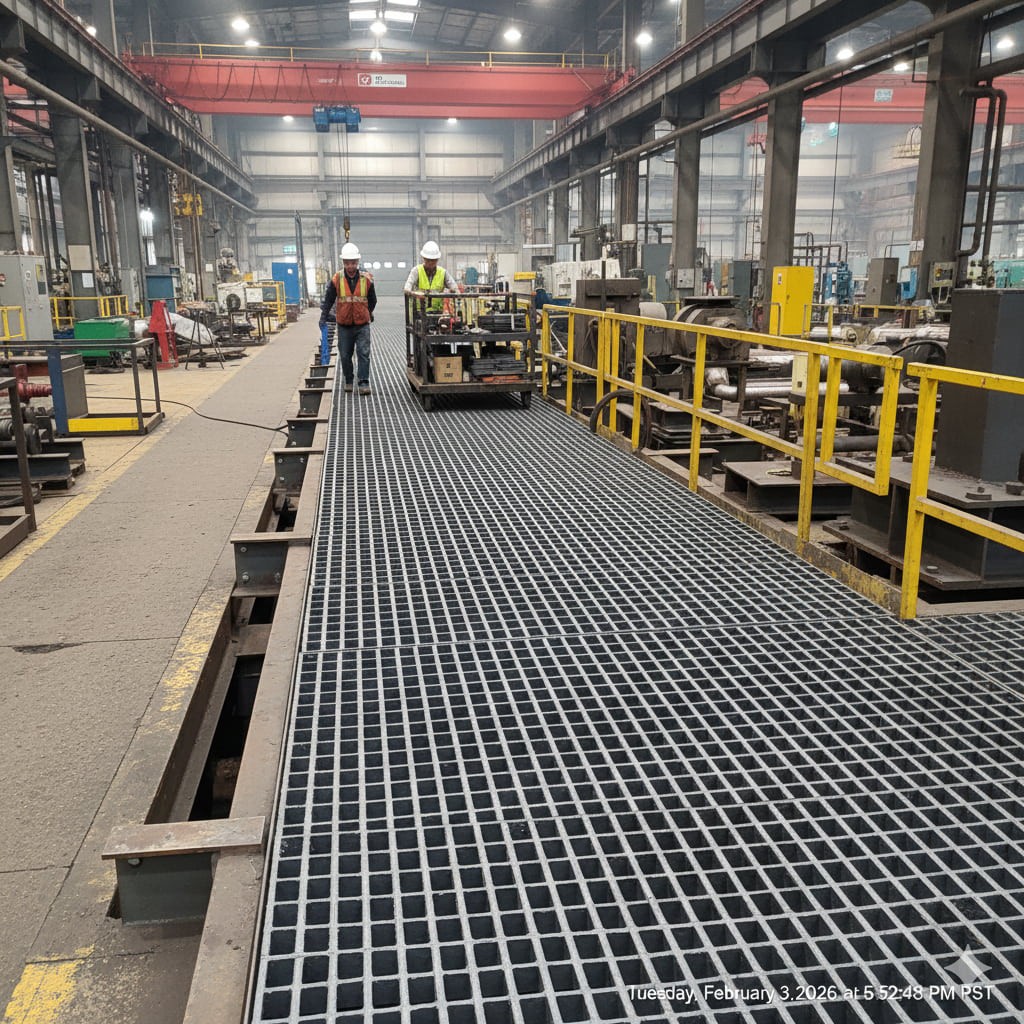 FRP pultruded grating installed on an industrial maintenance walkway with heavy load-bearing design FRP pultruded grating installed on an industrial maintenance walkway with heavy load-bearing design